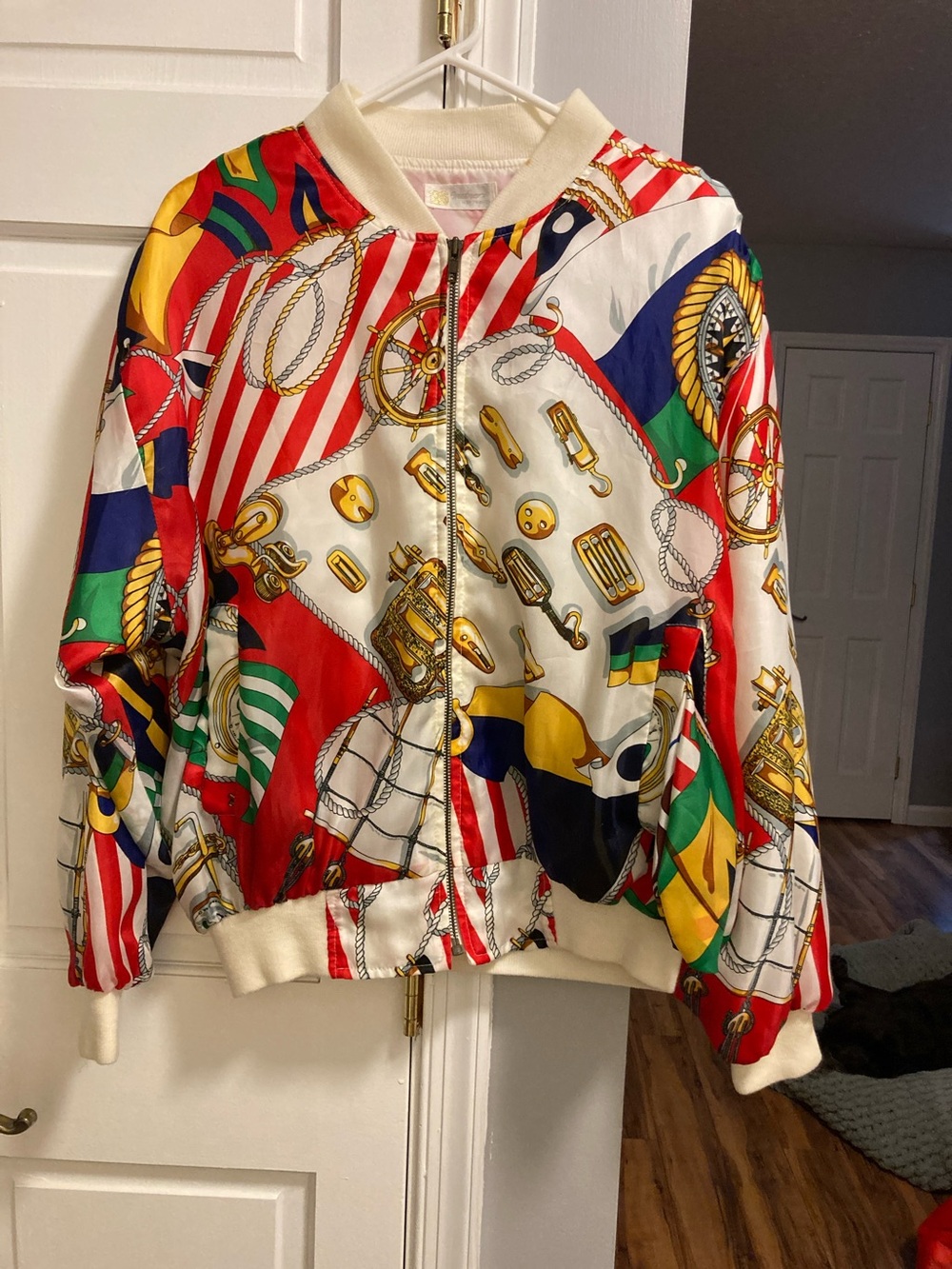 Vintage Multicolor Satin Bomber Jacket with Nautical Chain Print